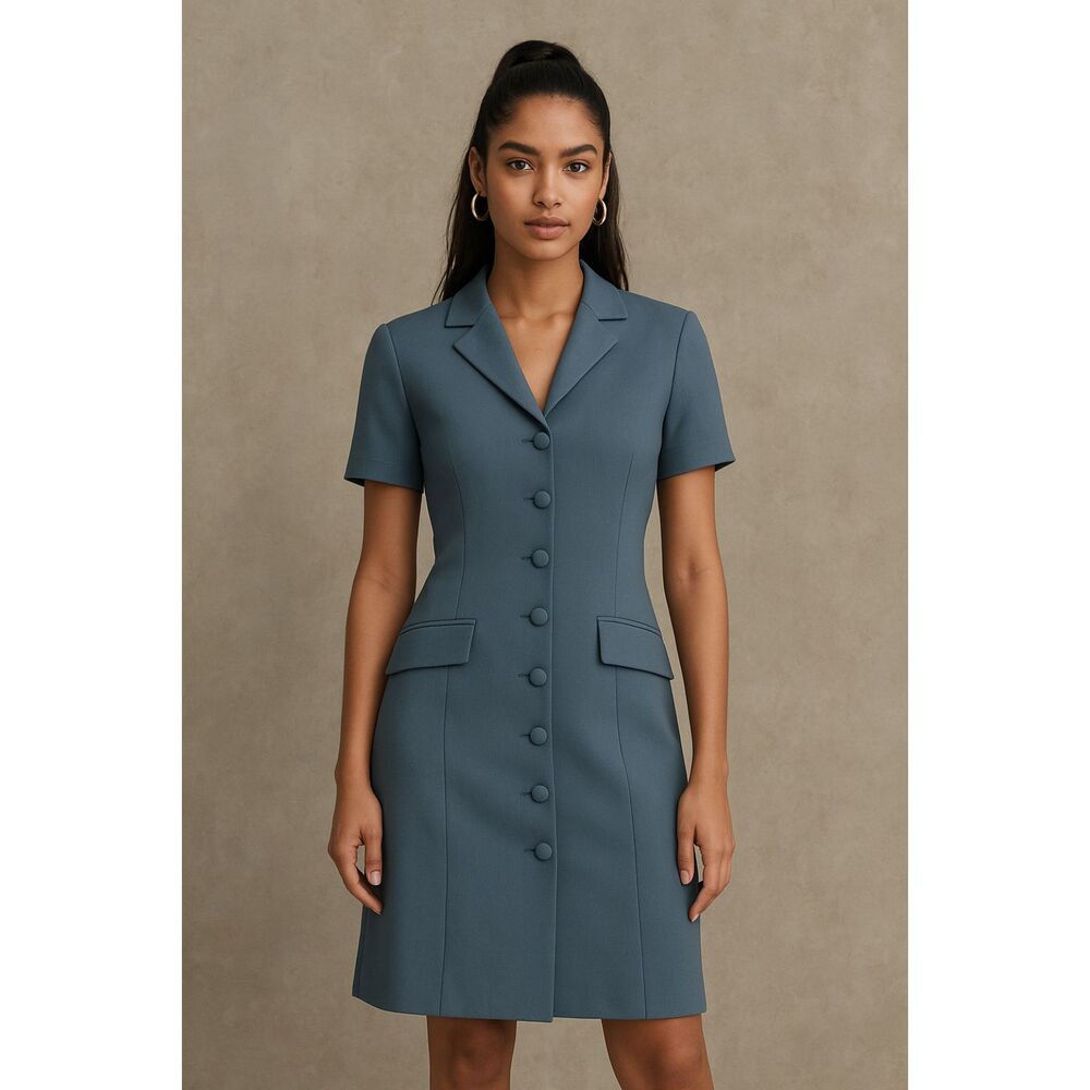 Vintage  Badgley Mischka Blue Button Up Fitted Ribbed Midi Dress  Women's Size 4